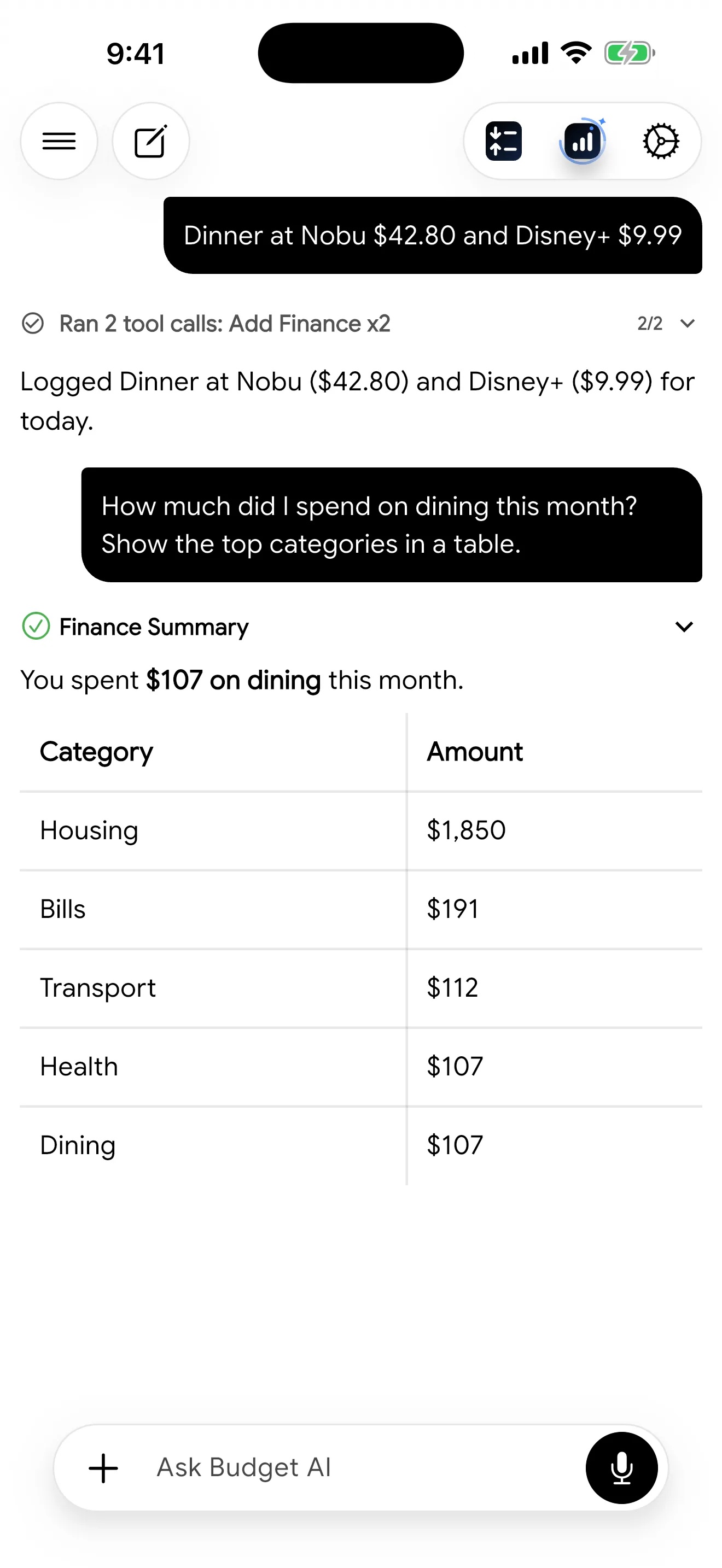 Chat logging expenses and showing a category table